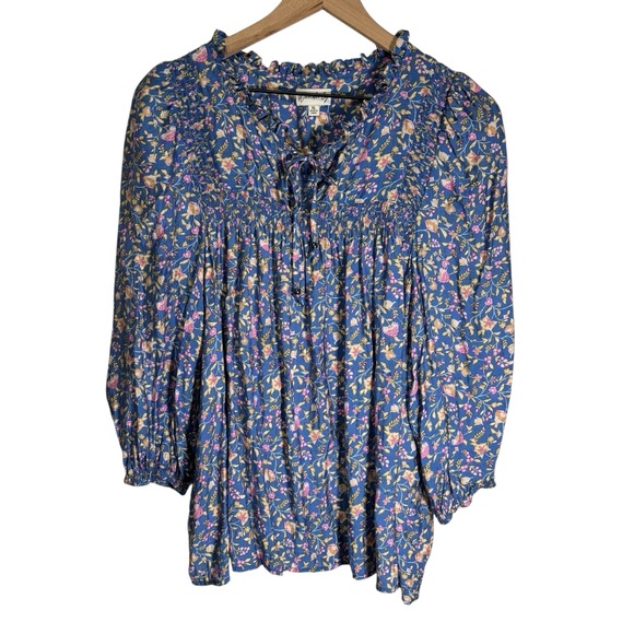 Wonderly Floral Puff Sleeve Blouse Size XL Smocked Ruffles Cottagecore Peasant - Picture 1 of 16